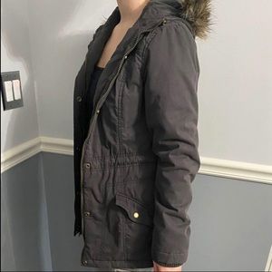 Gray coat / jacket - faux fur hood